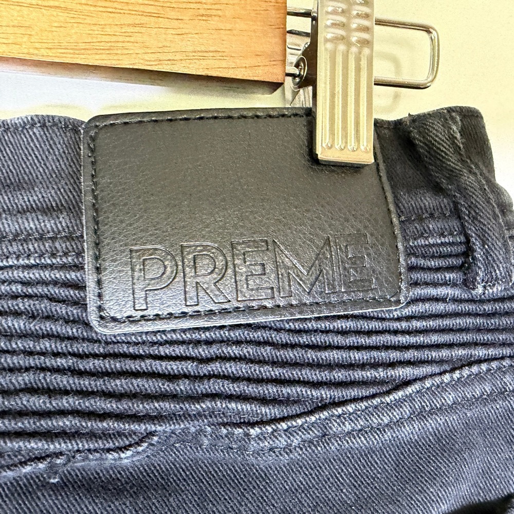 PREME Mens Moto Distressed Black Denim Jeans Slim Fit Ribbed Panel 32x32 - Picture 9 of 12